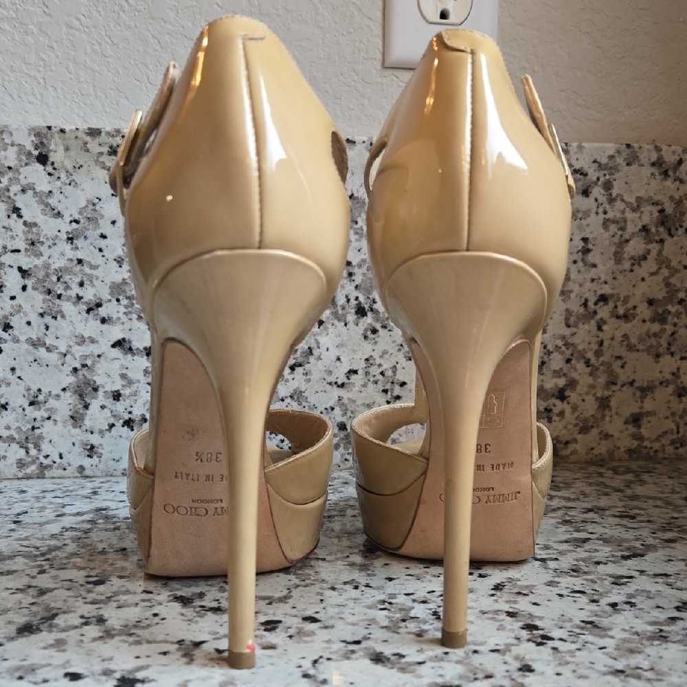 Jimmy Choo Patent Leather Totem T-Strap Platform Stilettos  EU Sz 38.5 - Picture 8 of 16